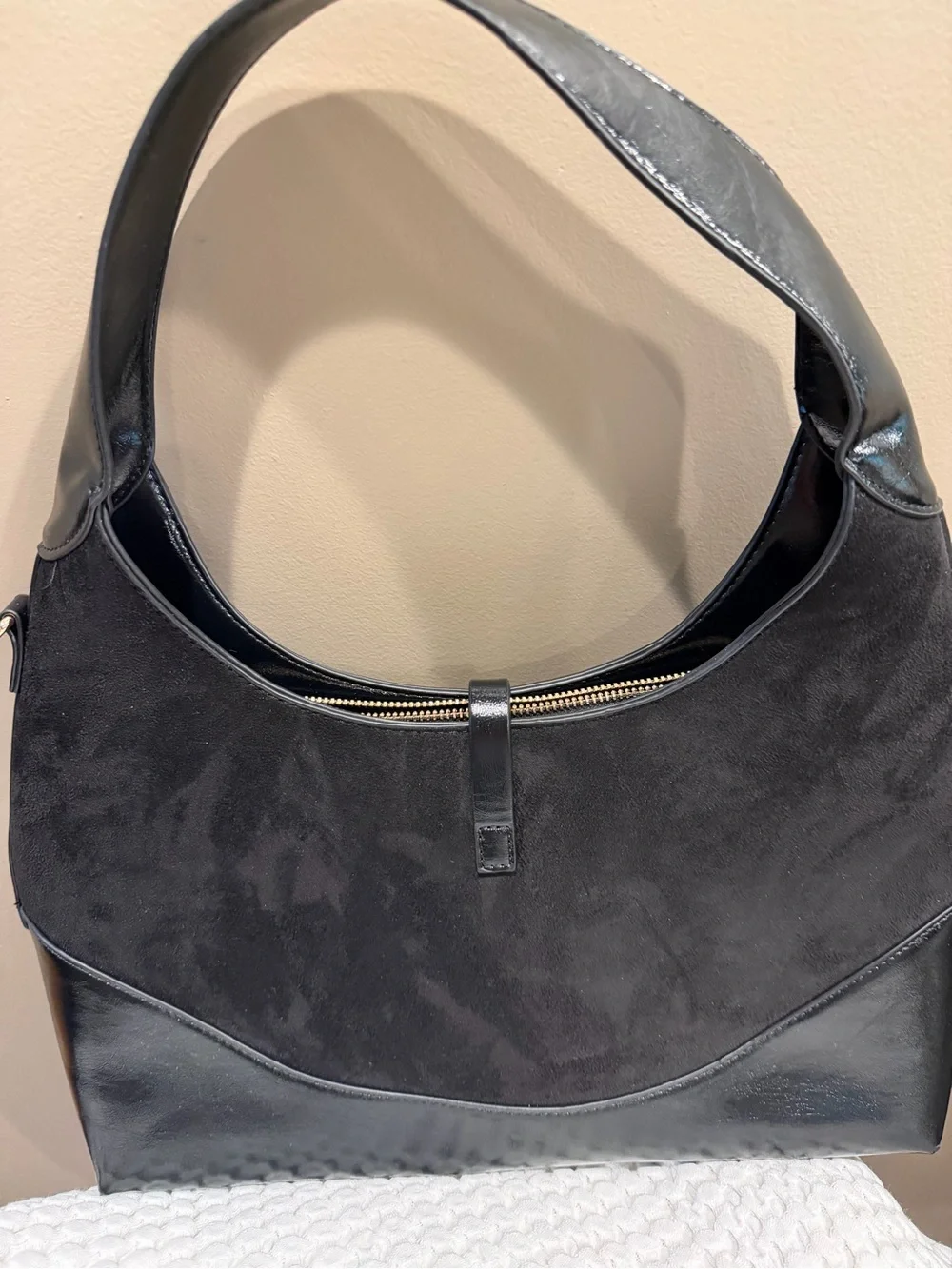 Black Suede & Leather Hobo Bag with Gold Hardware